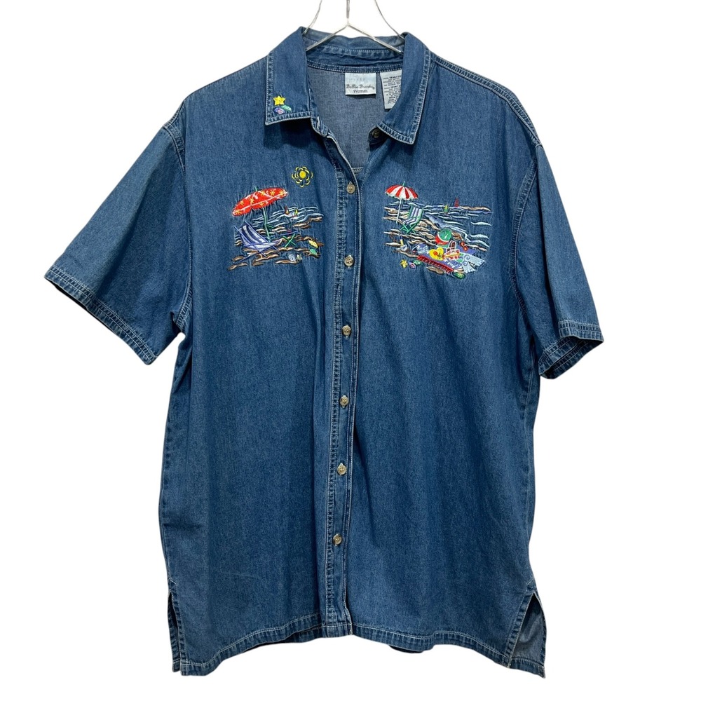 Vintage Bobbie Brooks Denim Shirt Embroidered Beach 18W/20W Coastal Grandma